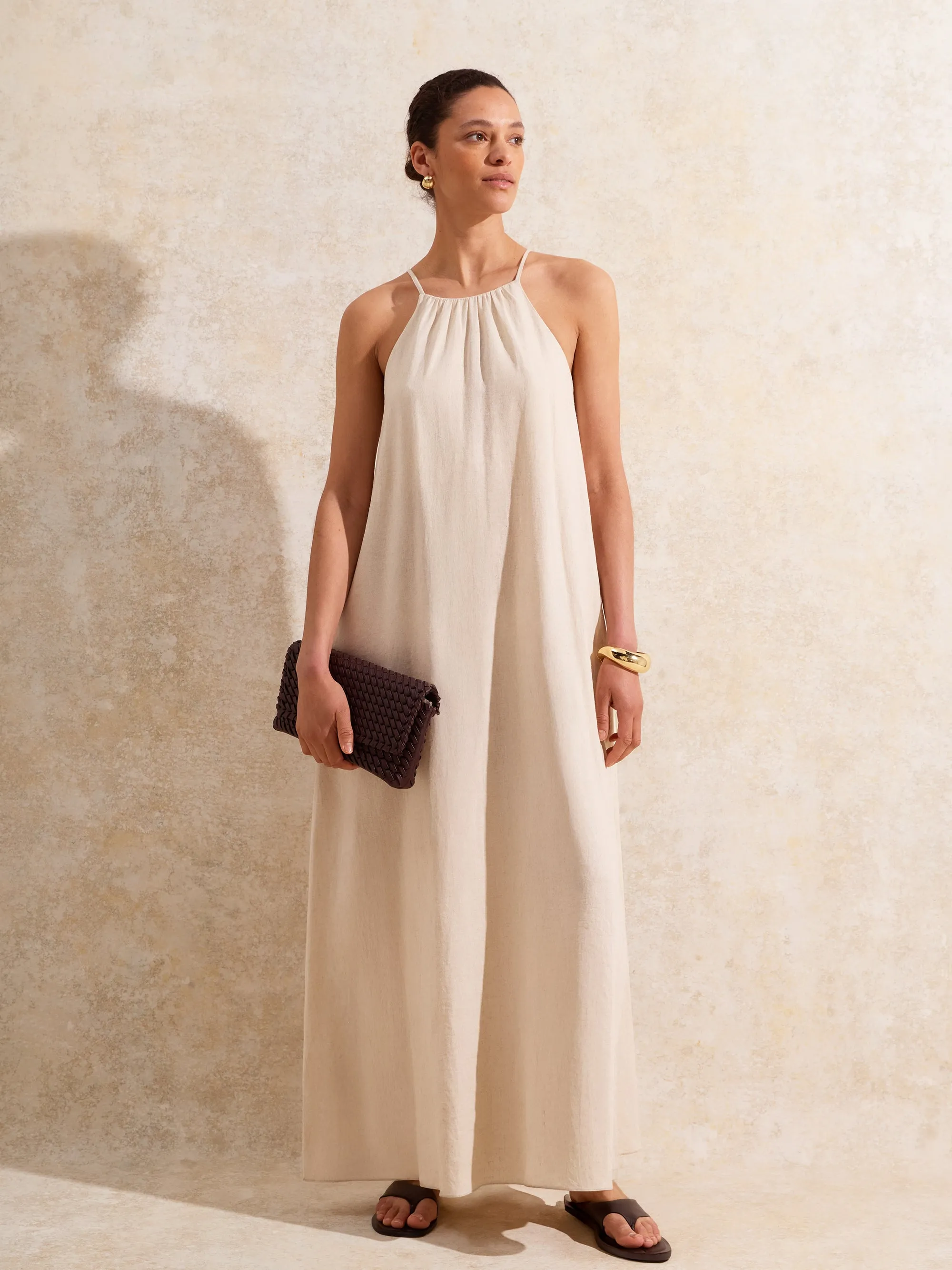 Petite Ecru Tie-Detail Linen-Blend Maxi Dress