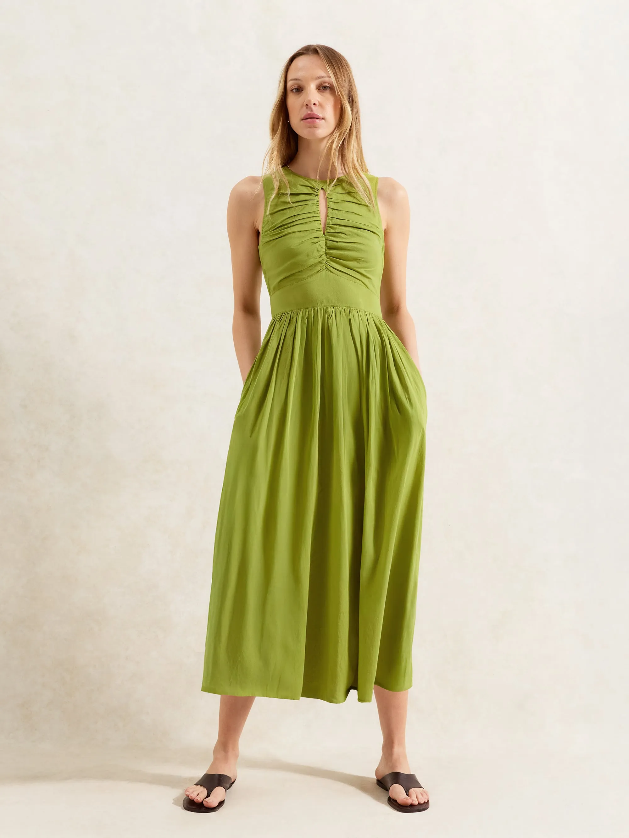 Petite Green Cotton Keyhole Front Midi Dress