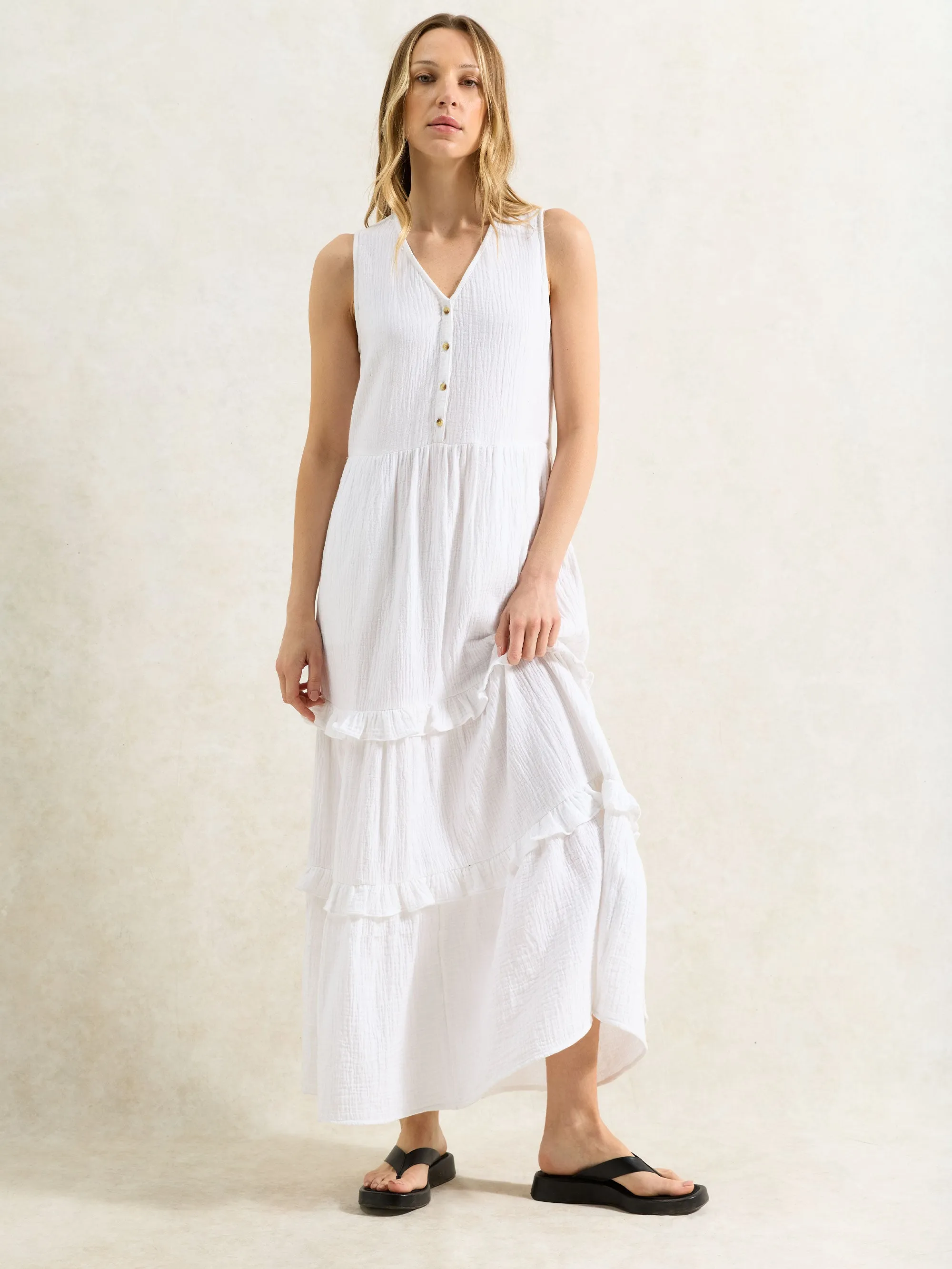 Petite White V-Neck Cheesecloth Midaxi Dress