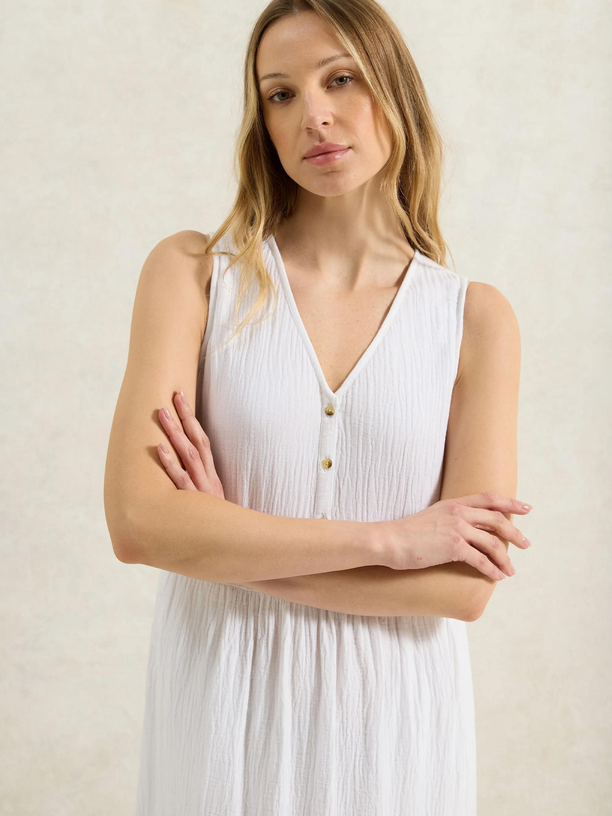 Petite White V-Neck Cheesecloth Midaxi Dress