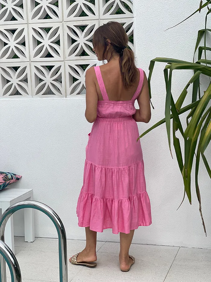 Pink Button Front Midi Dress