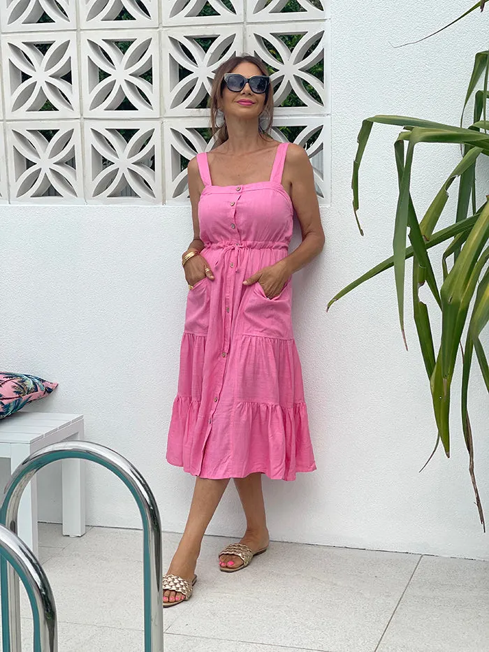 Pink Button Front Midi Dress