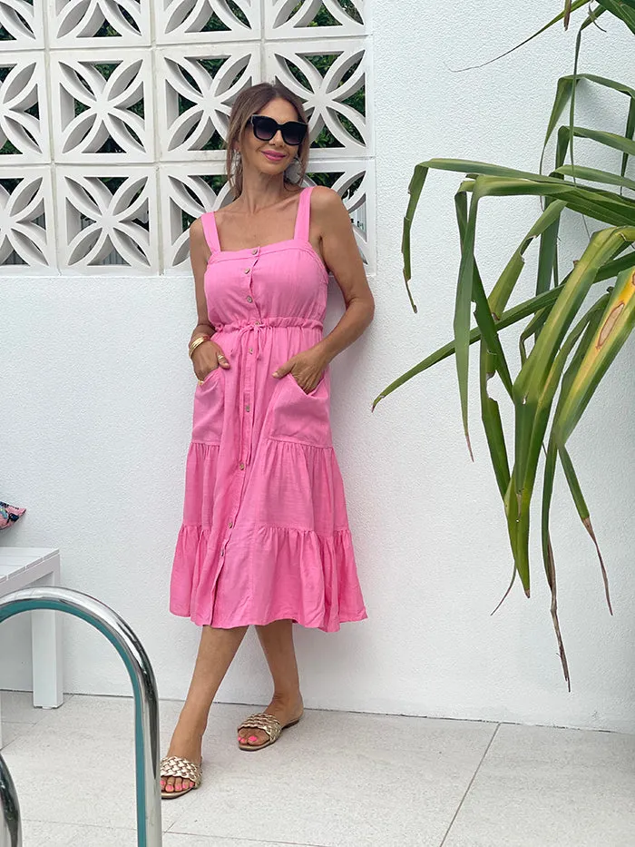 Pink Button Front Midi Dress