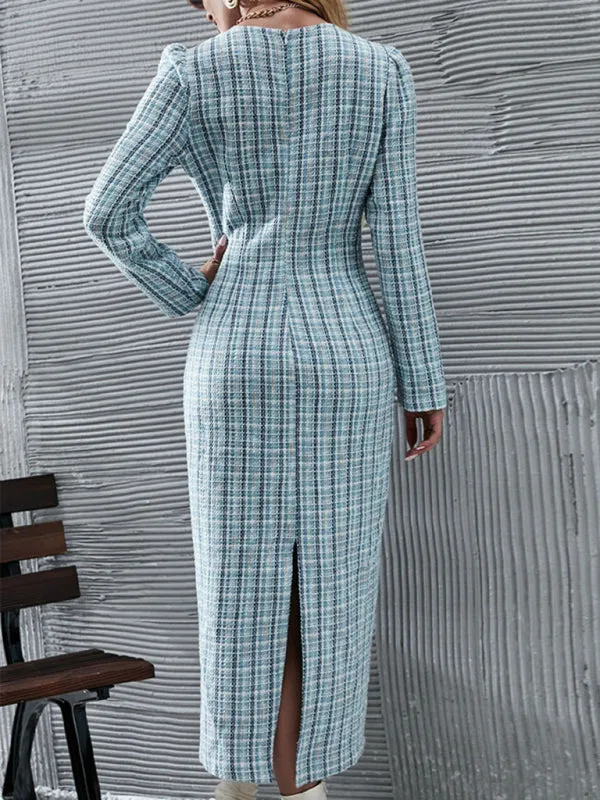 Plaid Pattern Bodycon Maxi Dress with Button-Down Front
