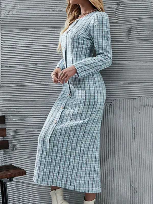 Plaid Pattern Bodycon Maxi Dress with Button-Down Front