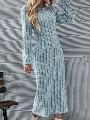 Plaid Pattern Bodycon Maxi Dress with Button-Down Front