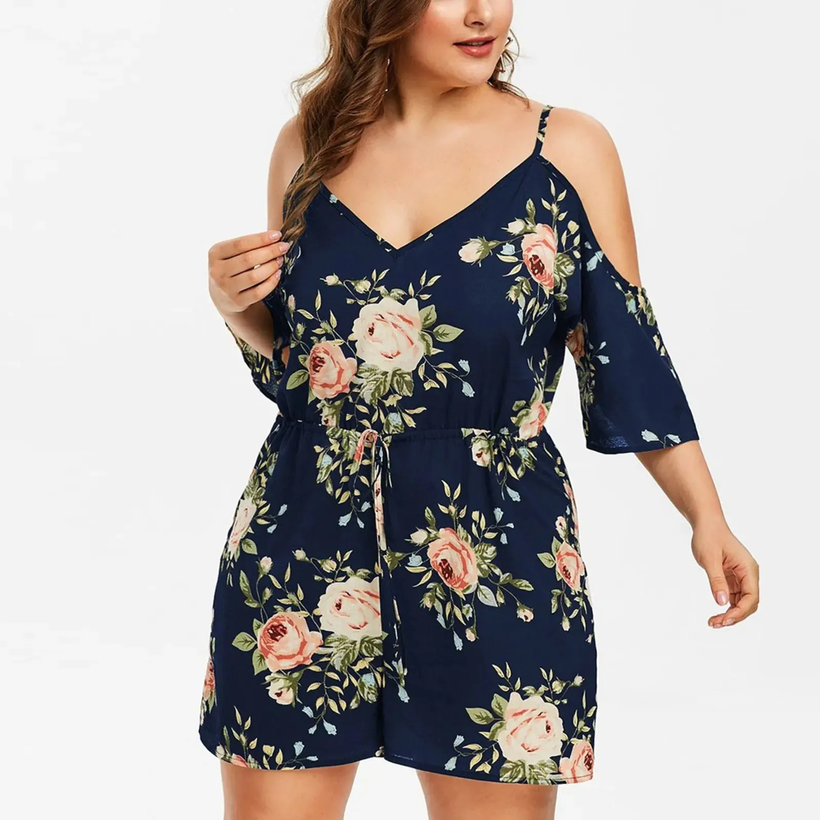 Plus Size Floral Print Summer Rompers for Women