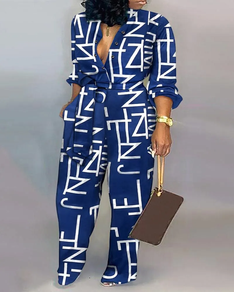 Plus Size Letter Print Long Sleeve Belted Jumpsuit