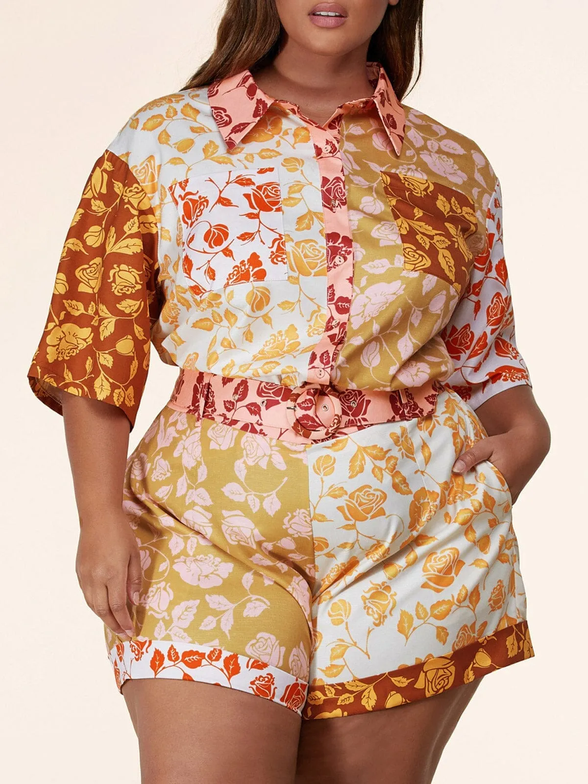 PLUS SIZE SHORT SLEEVE 2PC. TOP & SHORTS BELTED SET