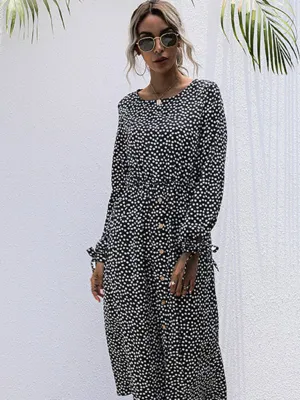 Polka Dot Midi Dress with Button Down and Tie Cuffs