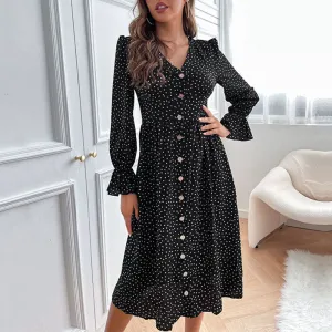 Polka Dot Midi Dress with Button-Down Front and Ruffled Cuffs
