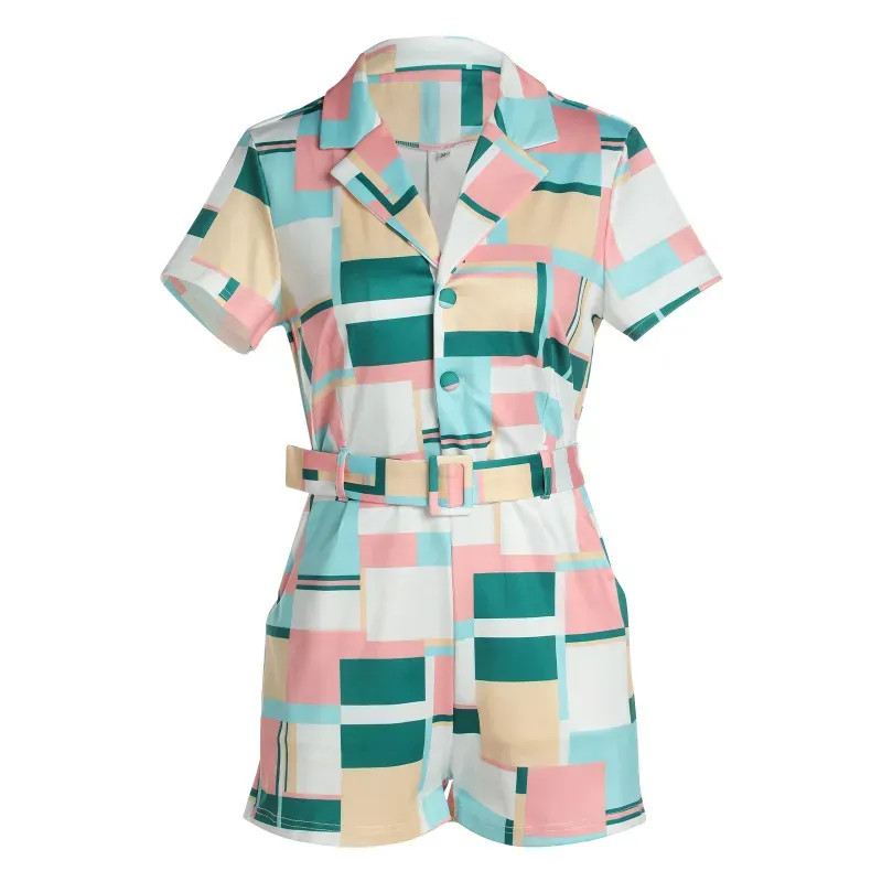 Pop Art Belted Short Sleeve Collared Romper
