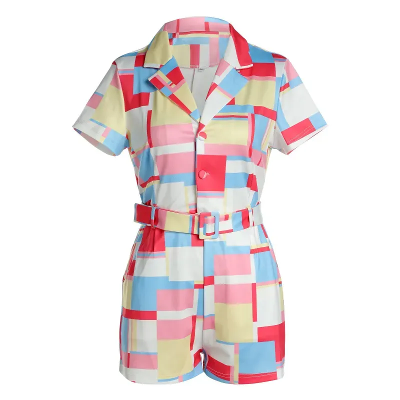 Pop Art Belted Short Sleeve Collared Romper