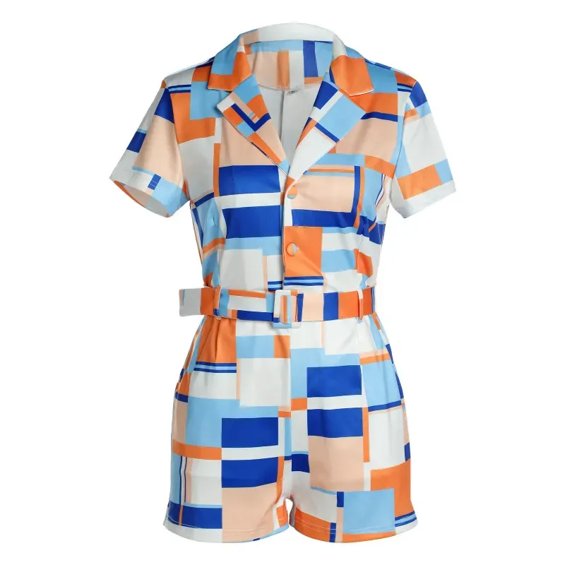 Pop Art Belted Short Sleeve Collared Romper