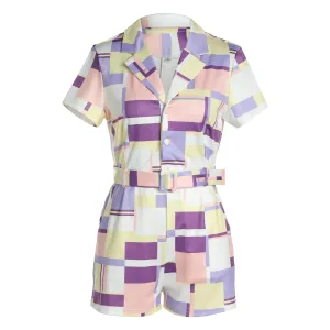 Pop Art Belted Short Sleeve Collared Romper
