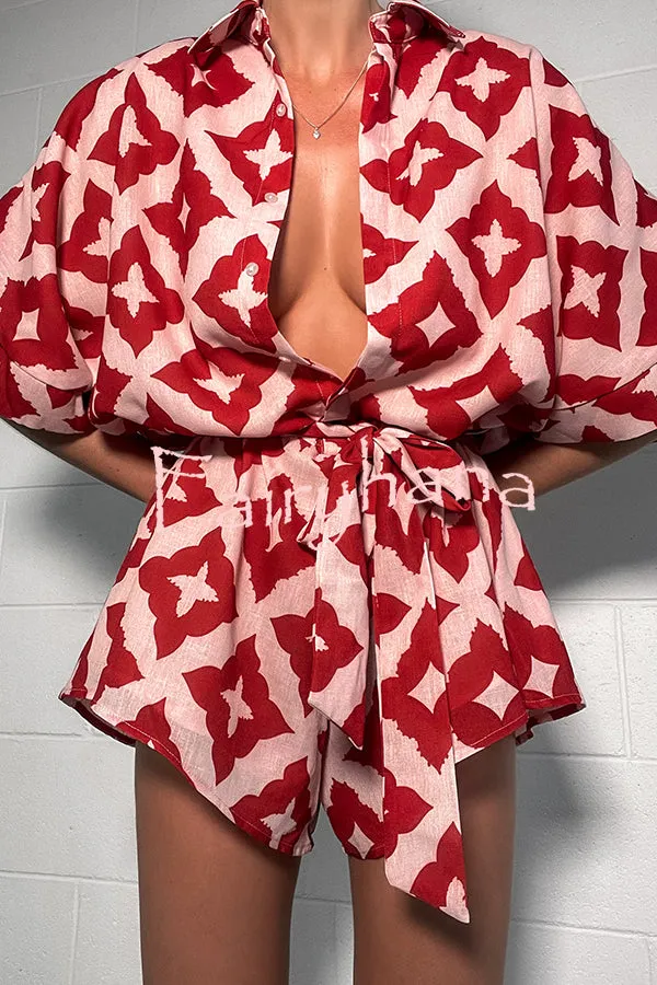 Porticia Linen Blend Unique Print Button Belted Loose Shirt Romper