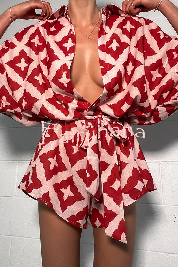 Porticia Linen Blend Unique Print Button Belted Loose Shirt Romper
