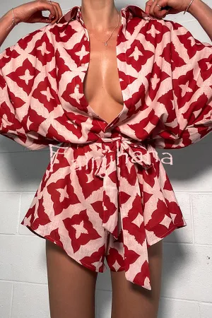 Porticia Linen Blend Unique Print Button Belted Loose Shirt Romper