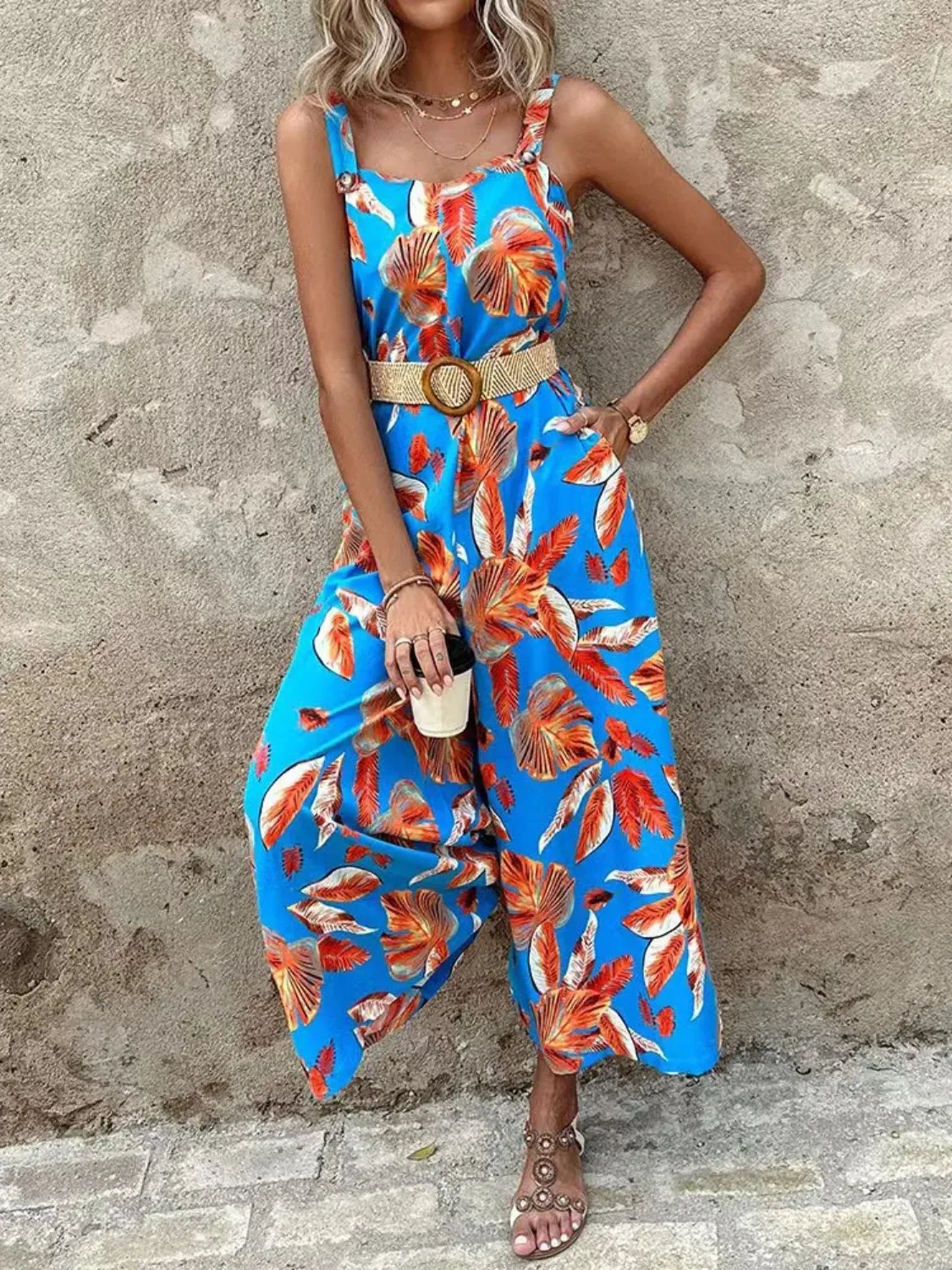 Printed Tropical Jumpsuit with Belted