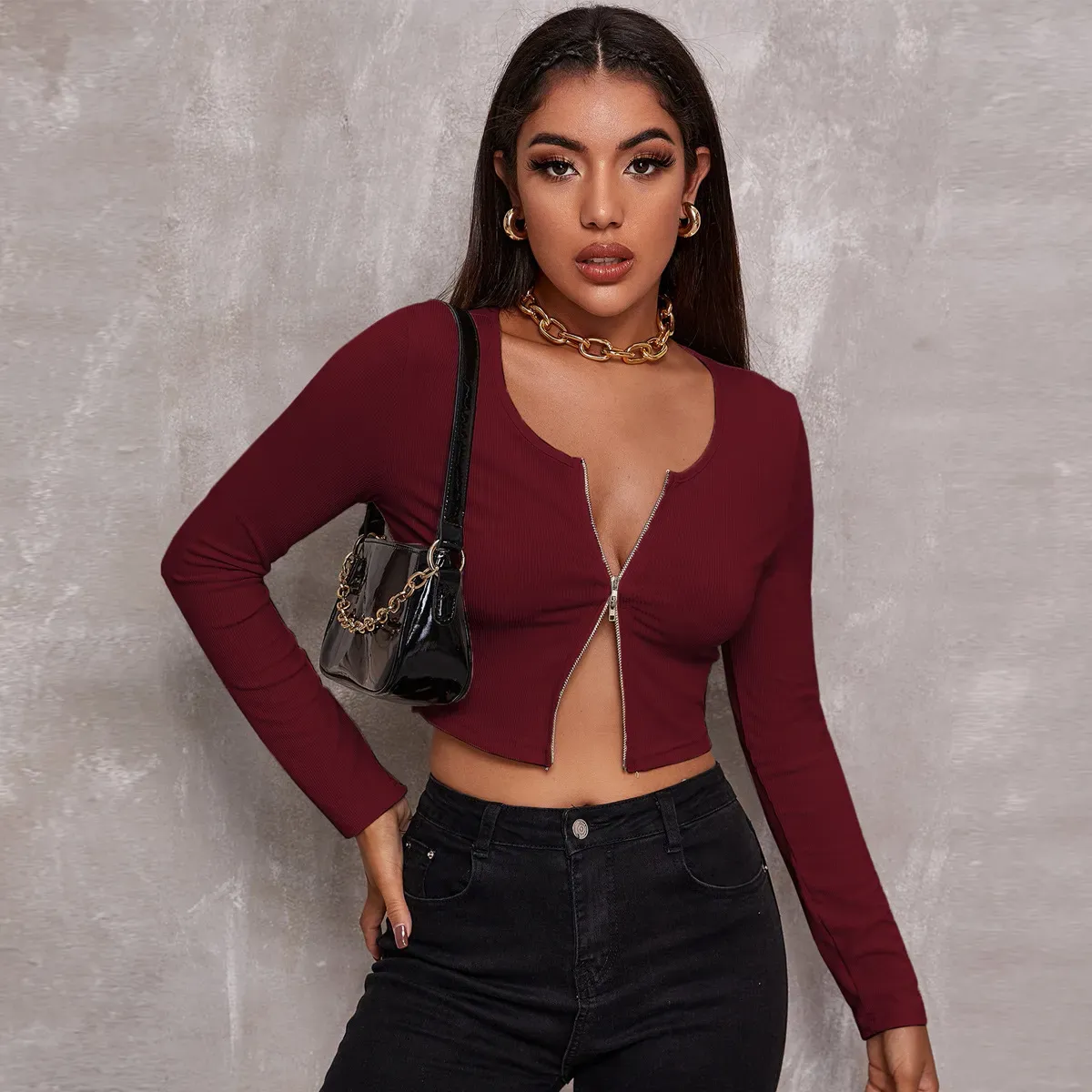 Quiver Zip Front Ribbed Cropped Long Sleeve Top