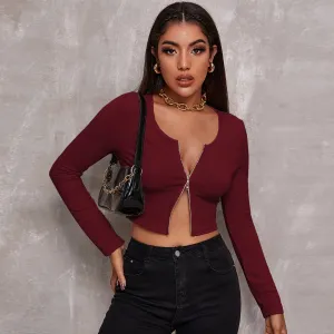 Quiver Zip Front Ribbed Cropped Long Sleeve Top