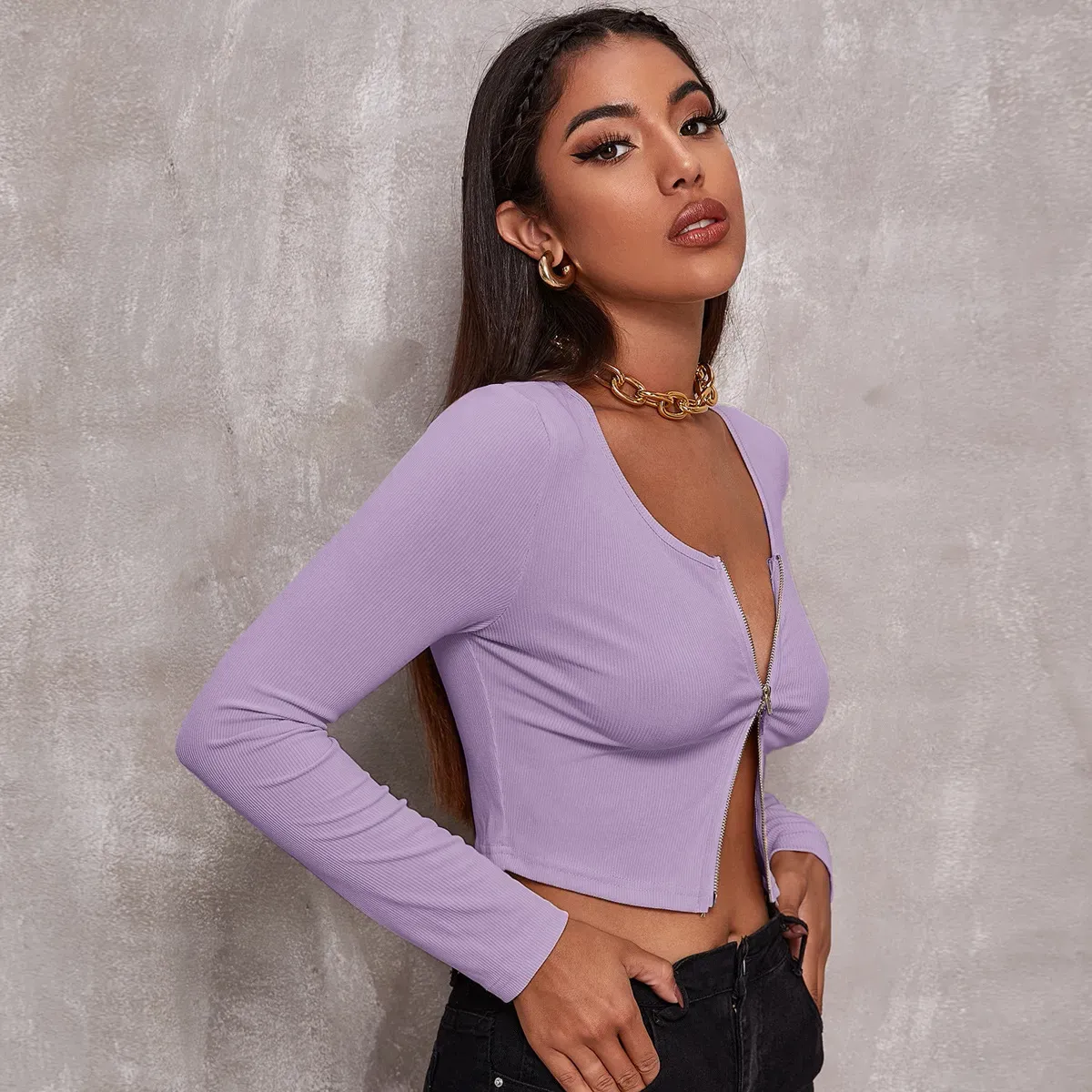 Quiver Zip Front Ribbed Cropped Long Sleeve Top