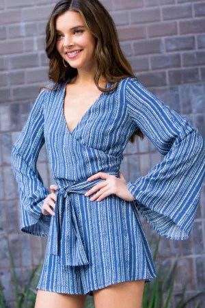 RACHEL WRAP FRONT STRIPE PRINT ROMPER