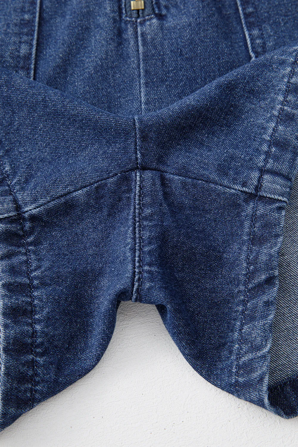 Rory,  Denim Ruffled Zipped Front Belted Romper