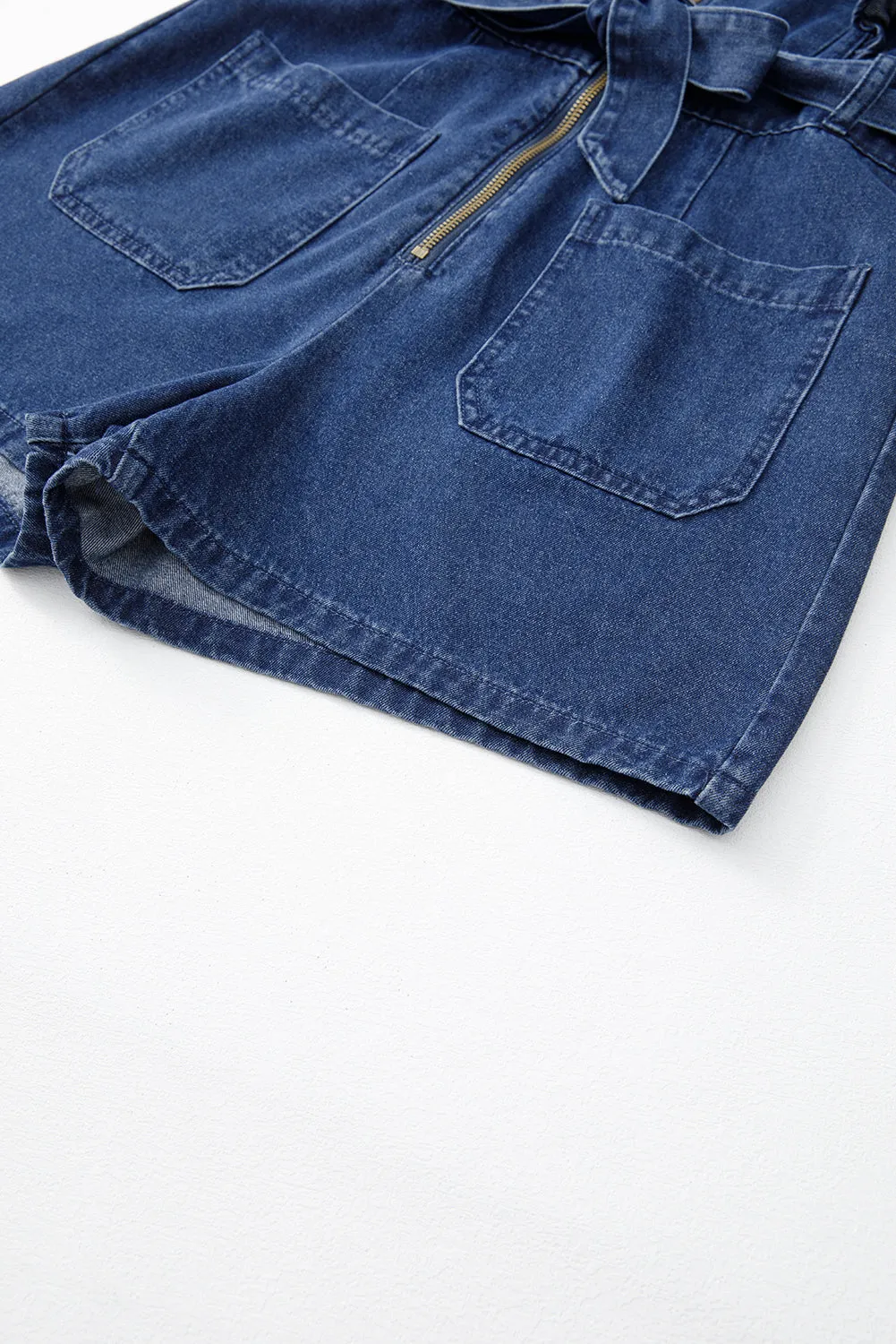 Rory,  Denim Ruffled Zipped Front Belted Romper