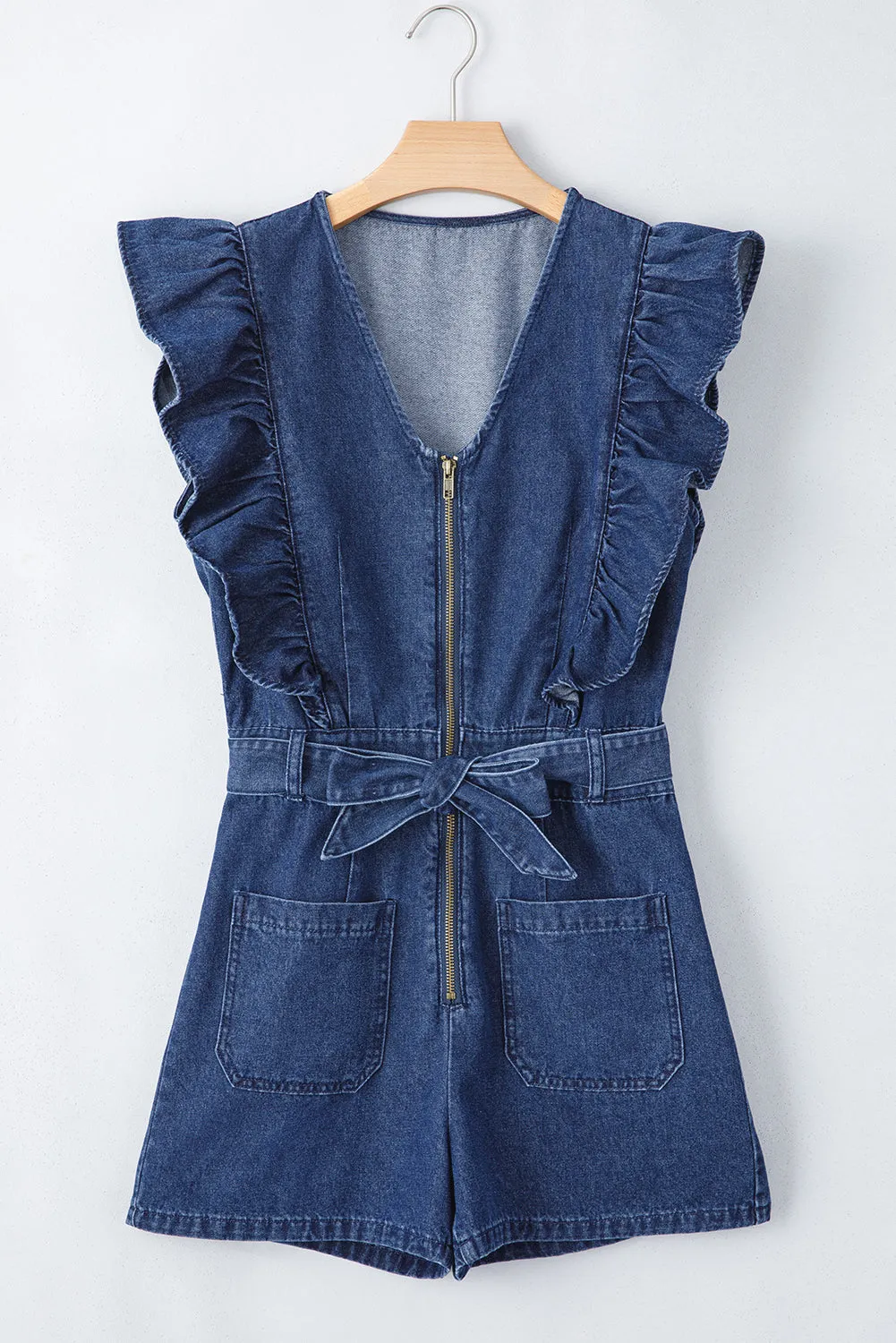 Rory,  Denim Ruffled Zipped Front Belted Romper