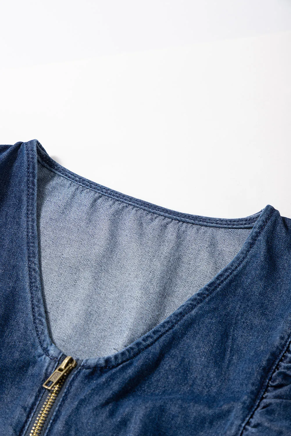 Rory,  Denim Ruffled Zipped Front Belted Romper