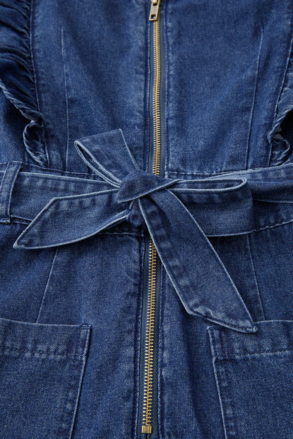Rory,  Denim Ruffled Zipped Front Belted Romper