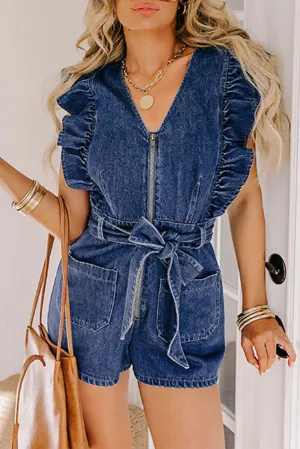 Rory,  Denim Ruffled Zipped Front Belted Romper