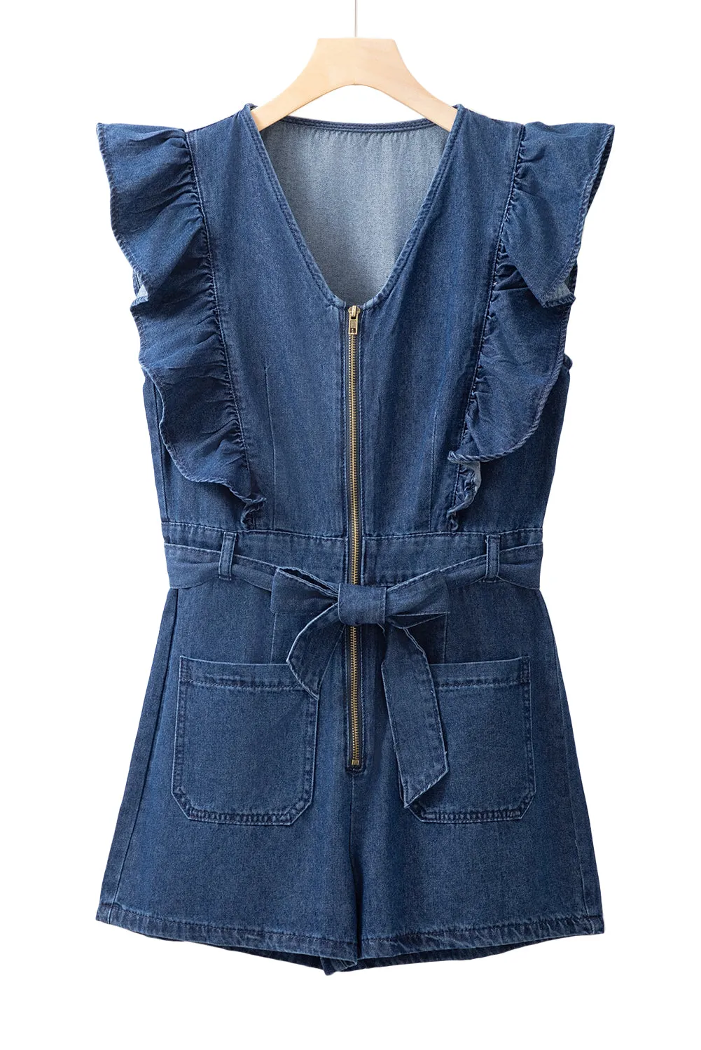 Rory,  Denim Ruffled Zipped Front Belted Romper