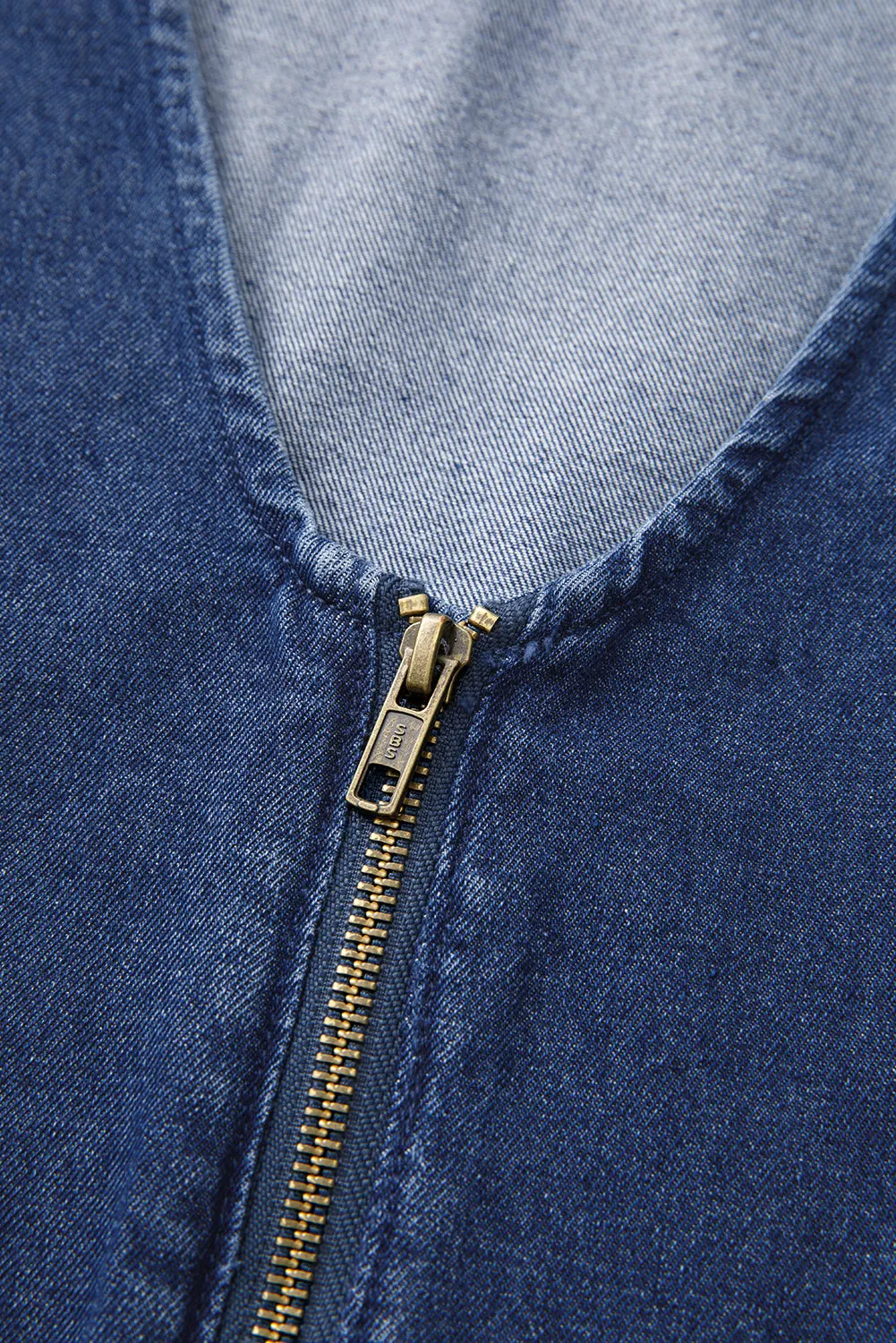 Rory,  Denim Ruffled Zipped Front Belted Romper