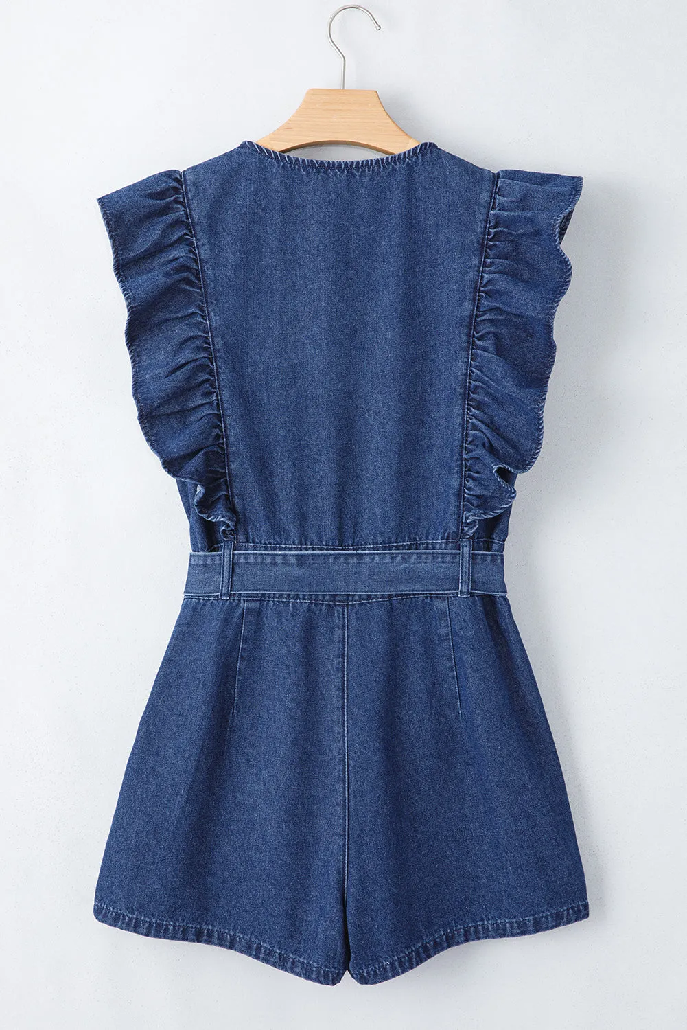 Rory,  Denim Ruffled Zipped Front Belted Romper