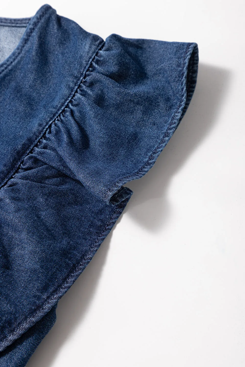 Rory,  Denim Ruffled Zipped Front Belted Romper