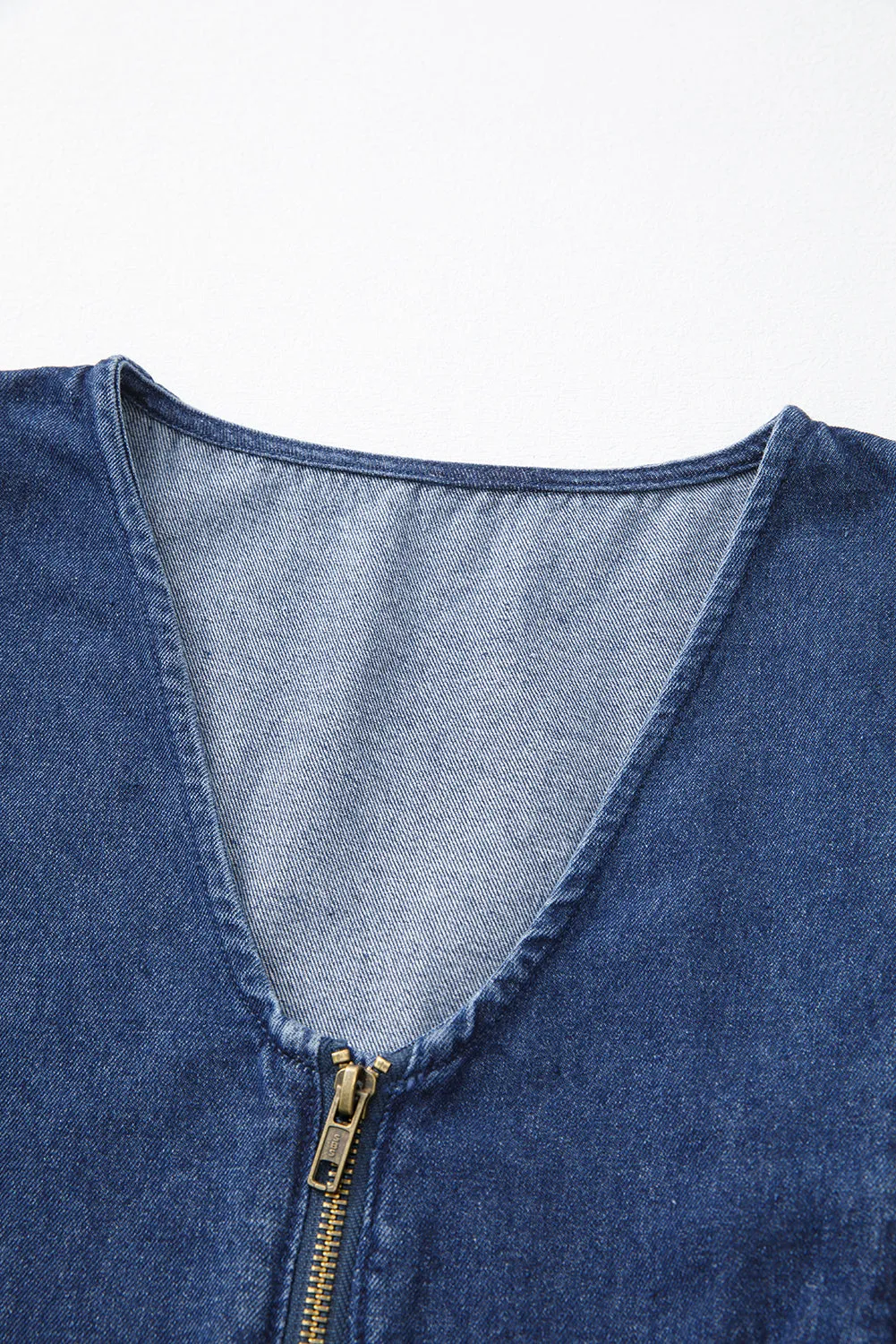 Rory,  Denim Ruffled Zipped Front Belted Romper