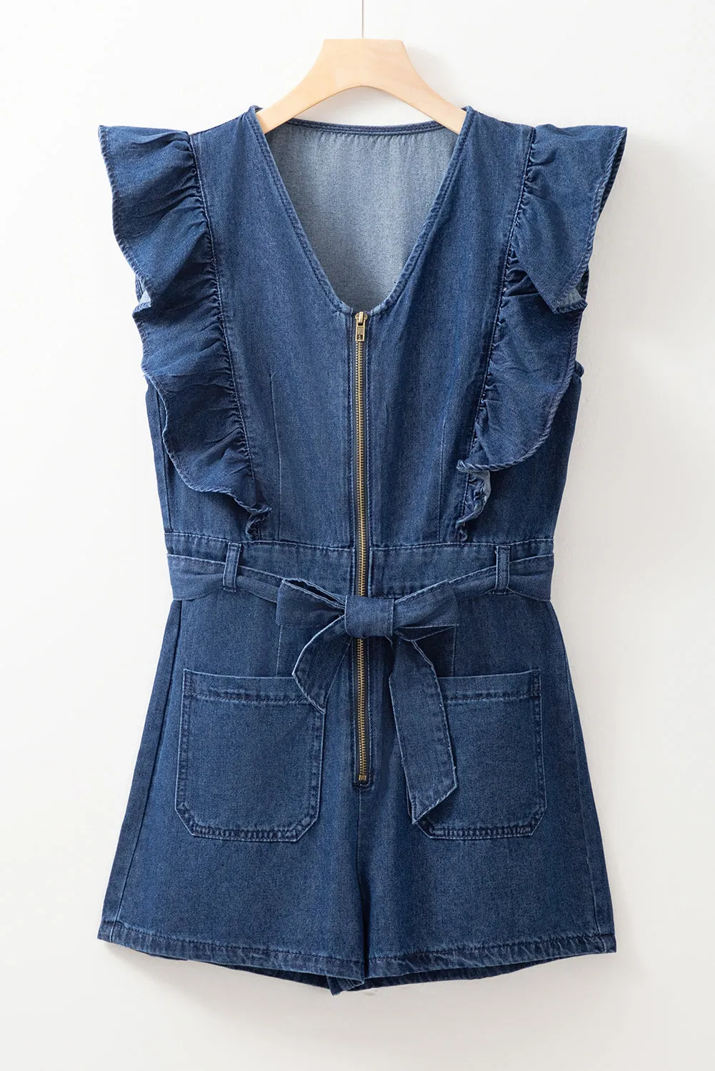 Rory,  Denim Ruffled Zipped Front Belted Romper