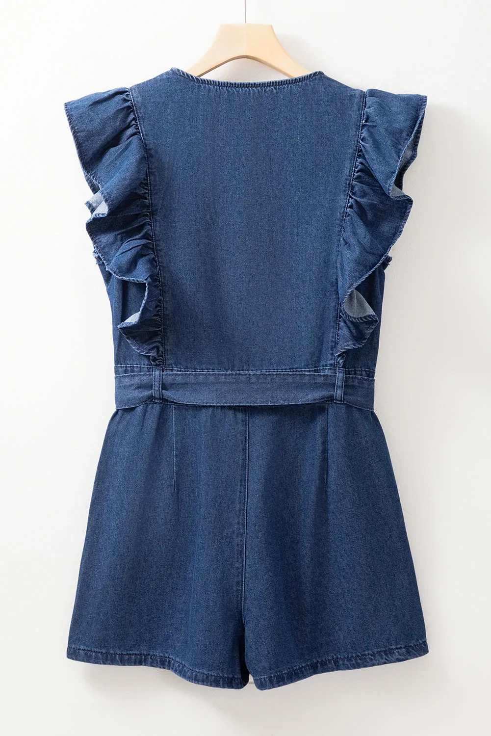 Rory,  Denim Ruffled Zipped Front Belted Romper
