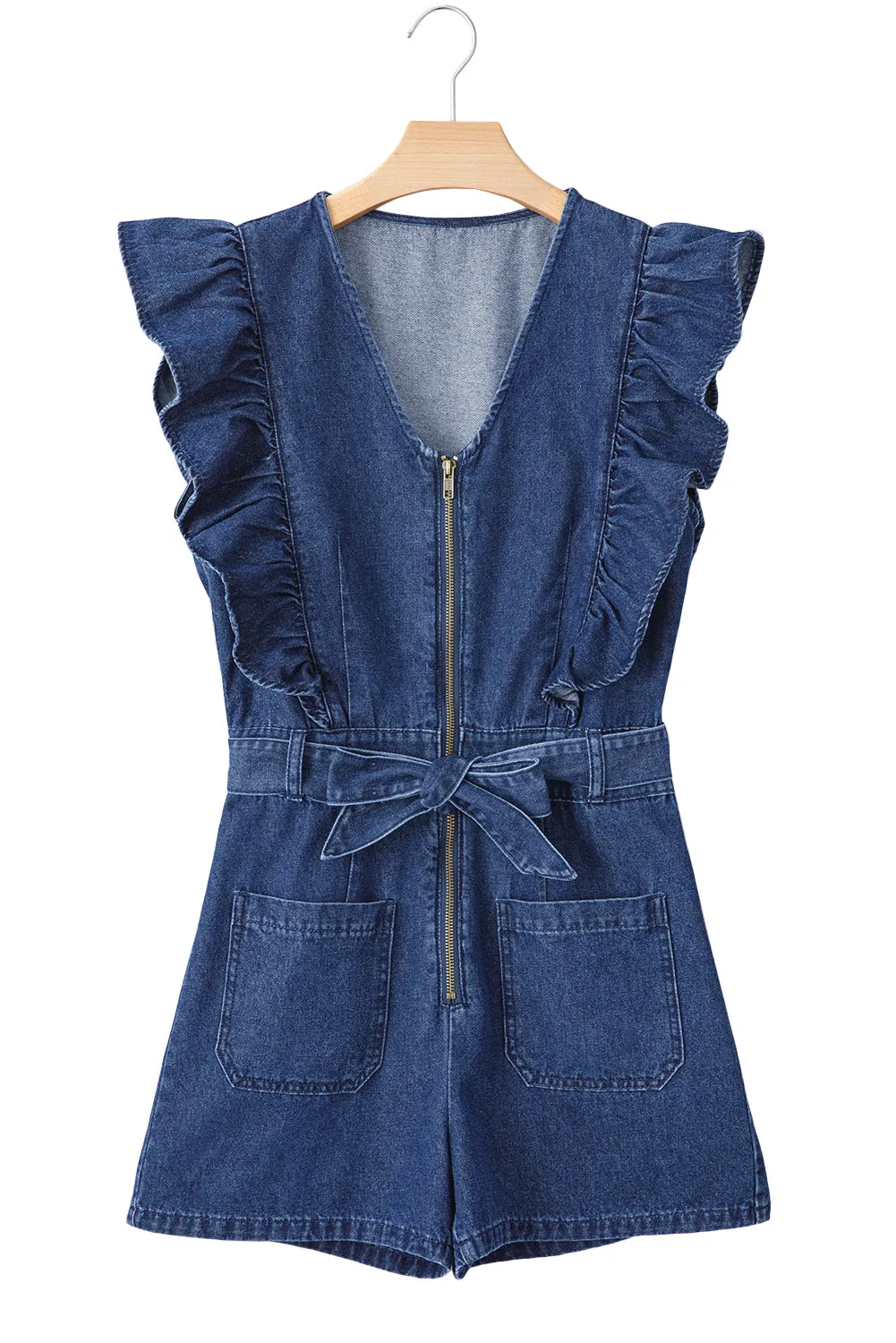 Rory,  Denim Ruffled Zipped Front Belted Romper
