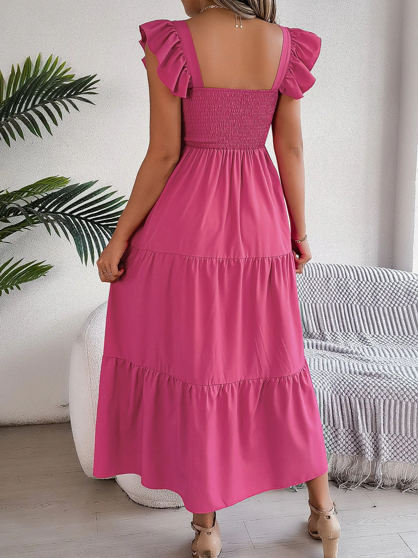 Ruffle Off The Shoulder Embroidered Floral Tiered Maxi Dress - Rose
