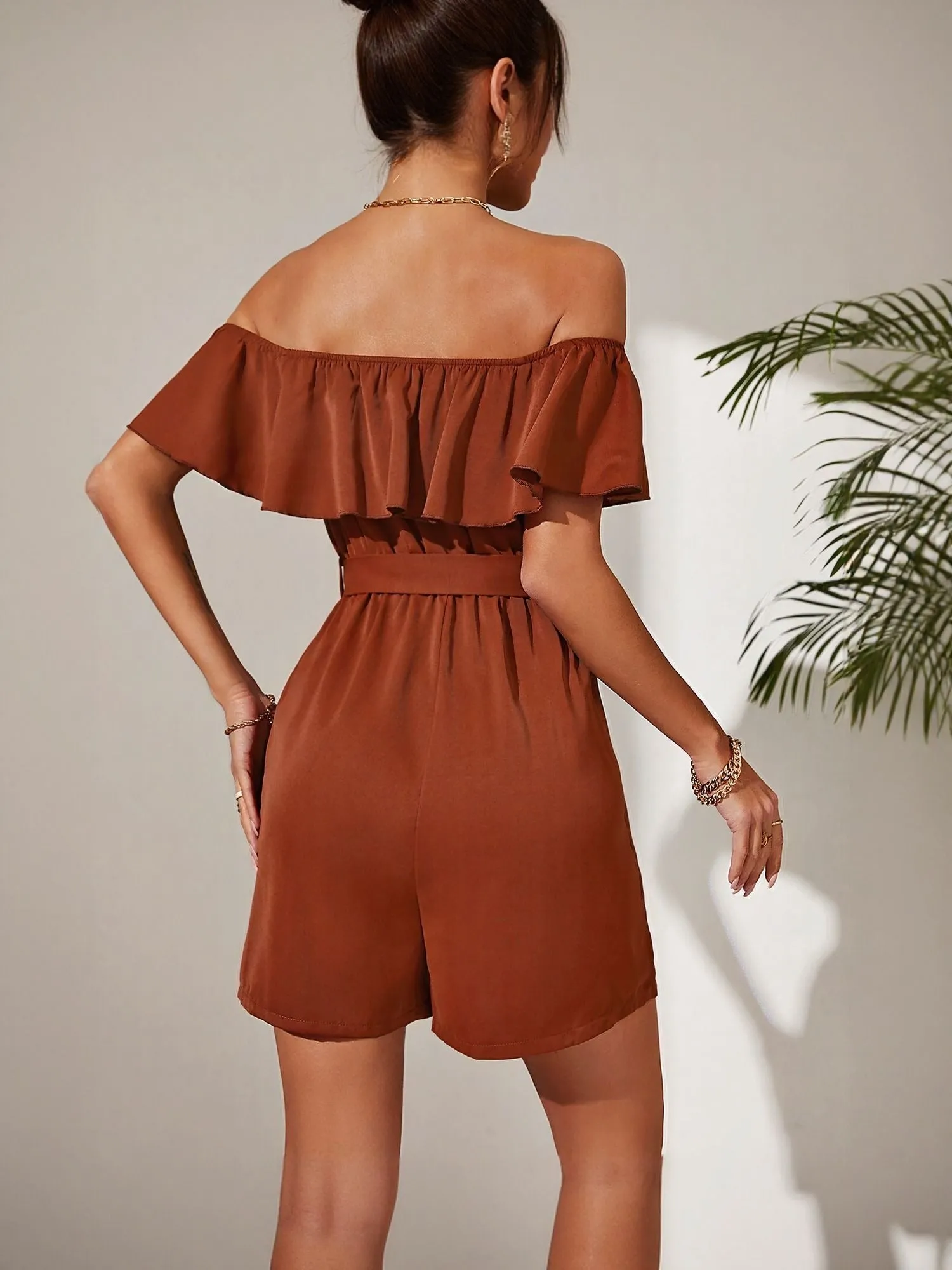 Rust Off Shoulder Ruffle Playsuit