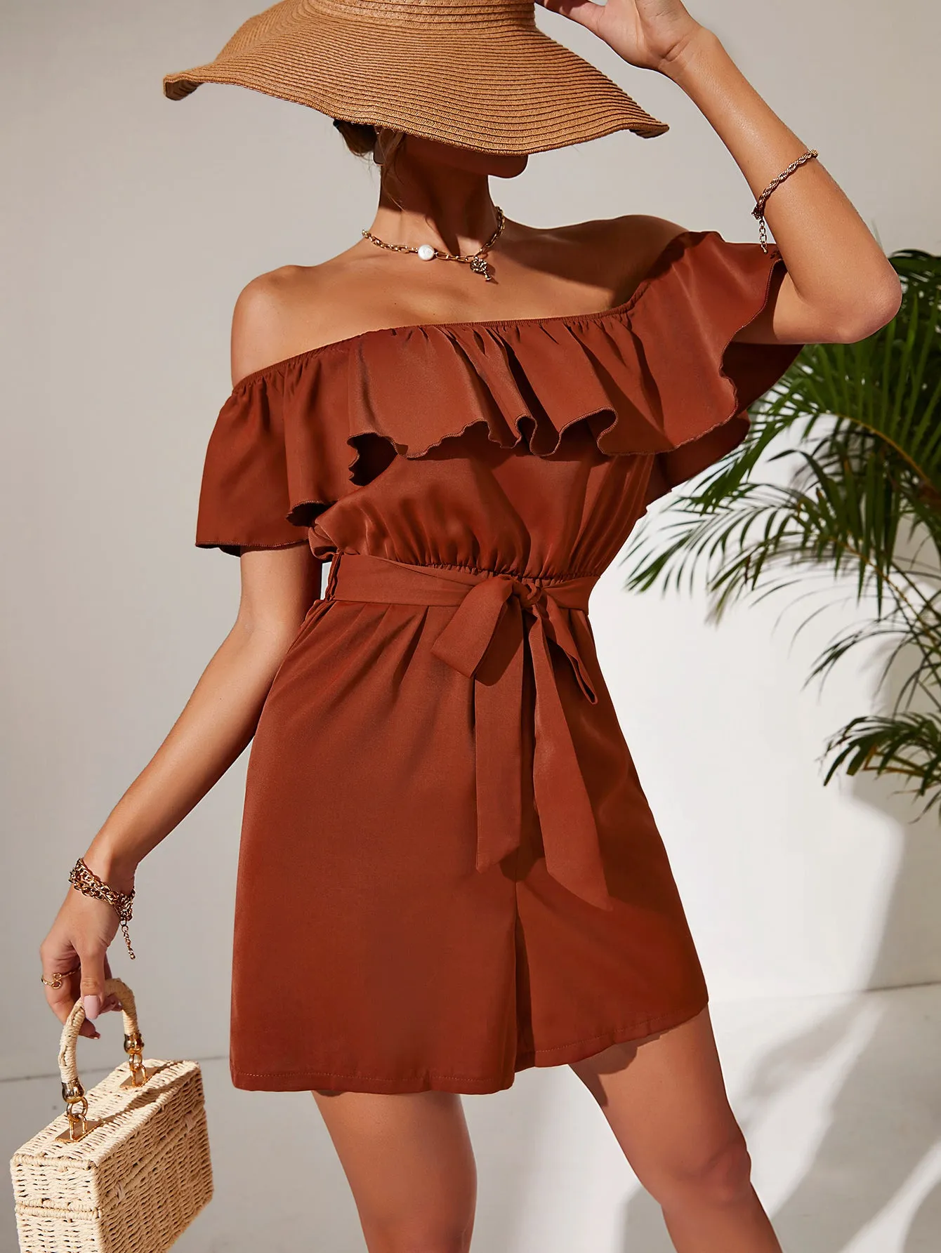 Rust Off Shoulder Ruffle Playsuit