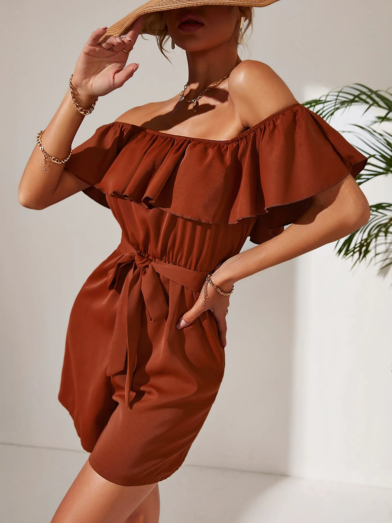 Rust Off Shoulder Ruffle Playsuit