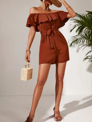 Rust Off Shoulder Ruffle Playsuit