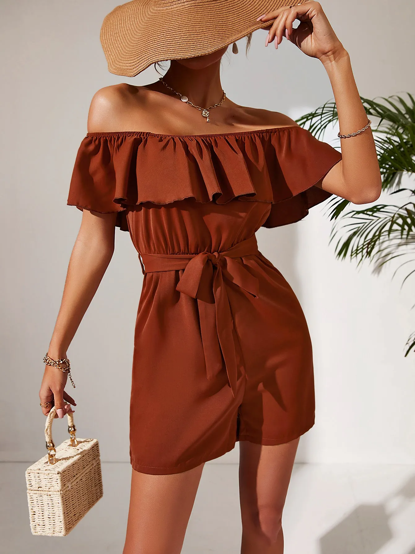 Rust Off Shoulder Ruffle Playsuit