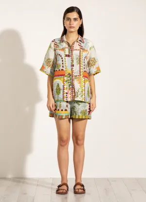 Sable green button-down shirt and shorts