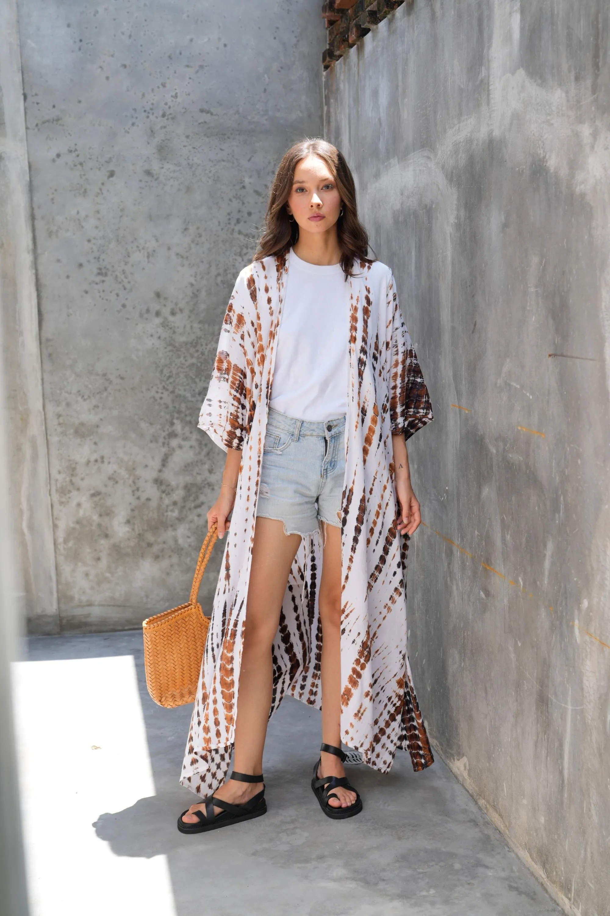 Sara Hand Dyed Kimono in White/Brown Multi