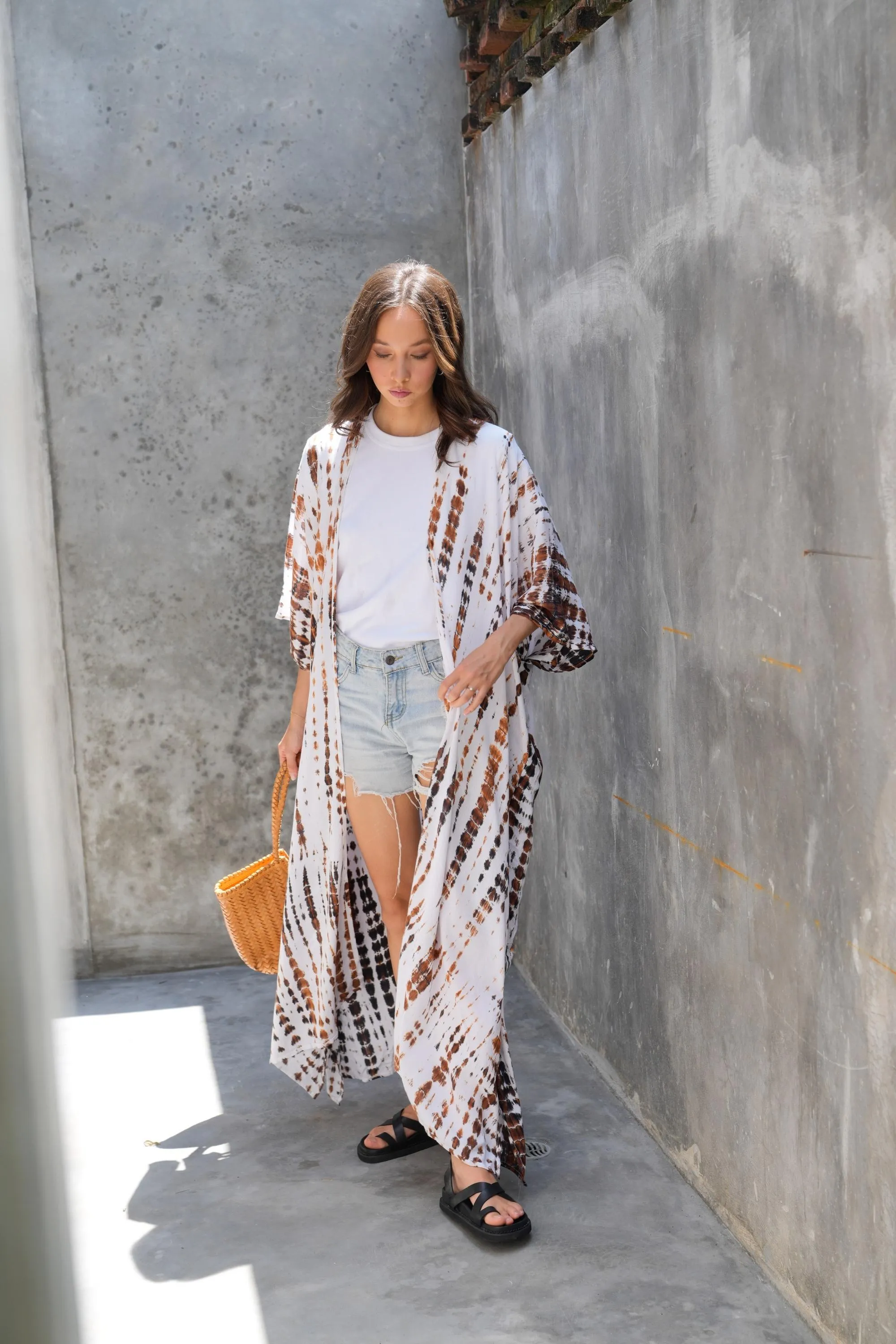Sara Hand Dyed Kimono in White/Brown Multi